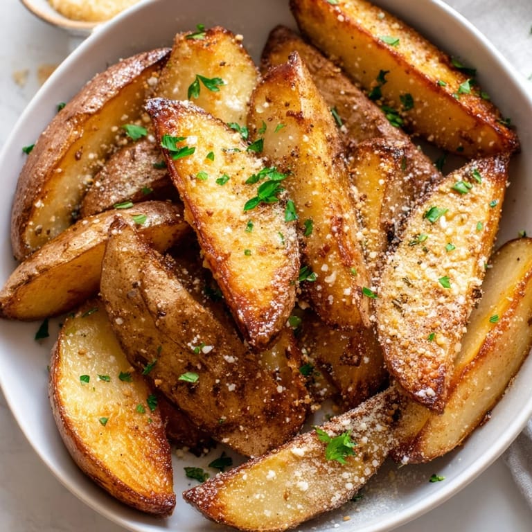 Oven-baked Rosemary Parmesan Potato Wedges with crispy edges, flavored with herbs and delicious Parmesan.