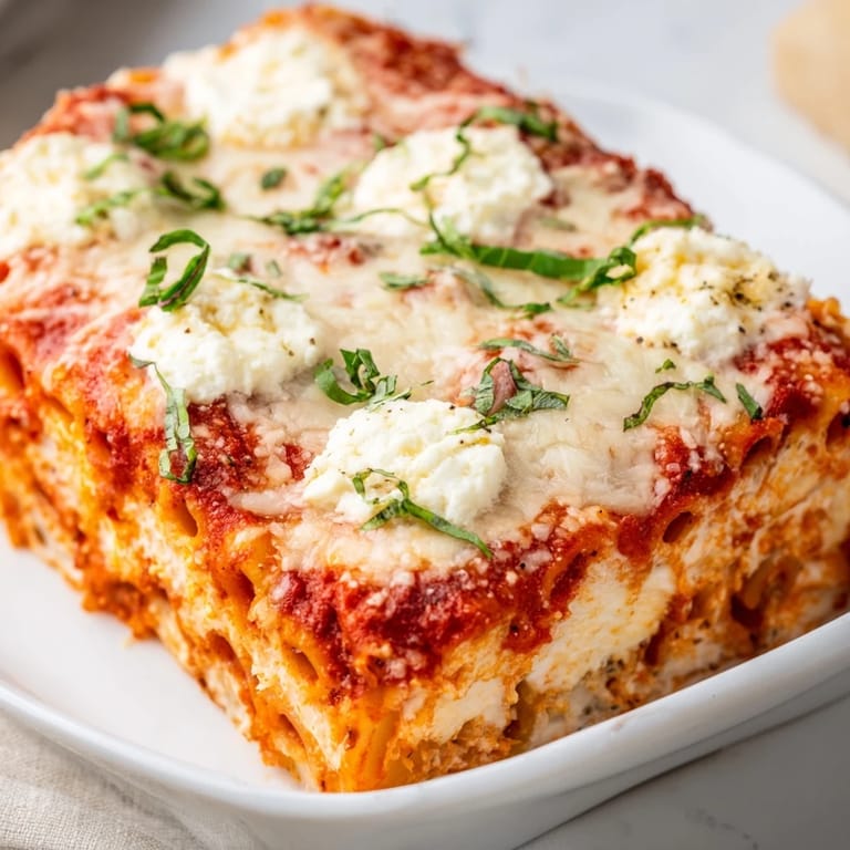 A close-up of steaming Four Cheese Baked Pasta with melted cheese and rich marinara sauce.