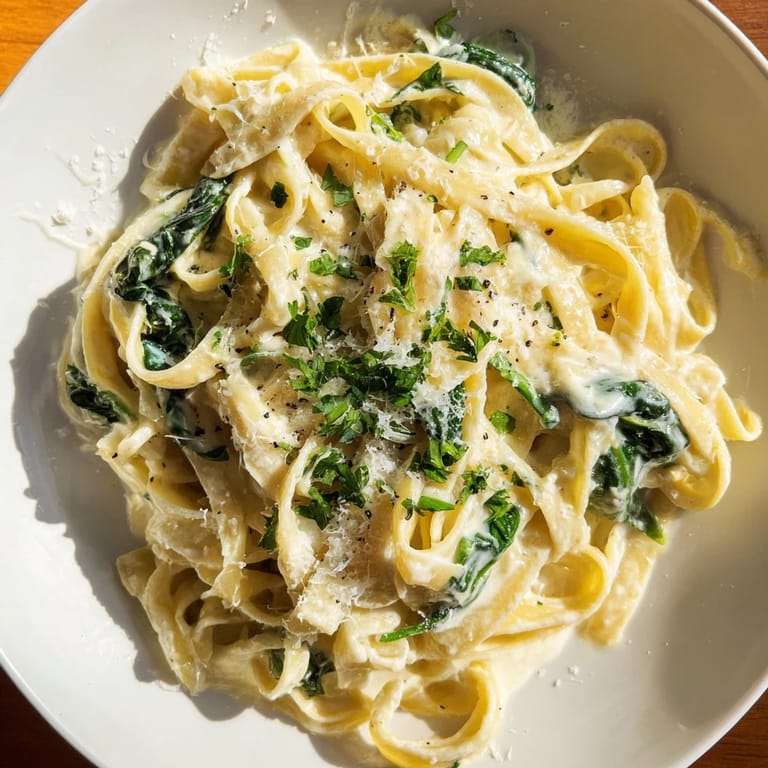 A close-up shot of Creamy Spinach Fettuccine Alfredo, a comforting vegetarian pasta dish.