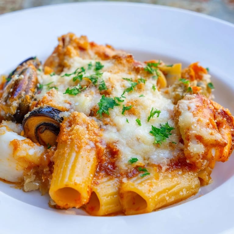 Close-up of baked Seafood Pasta Bake: perfectly cooked pasta, seafood, and a bubbling cheese topping.