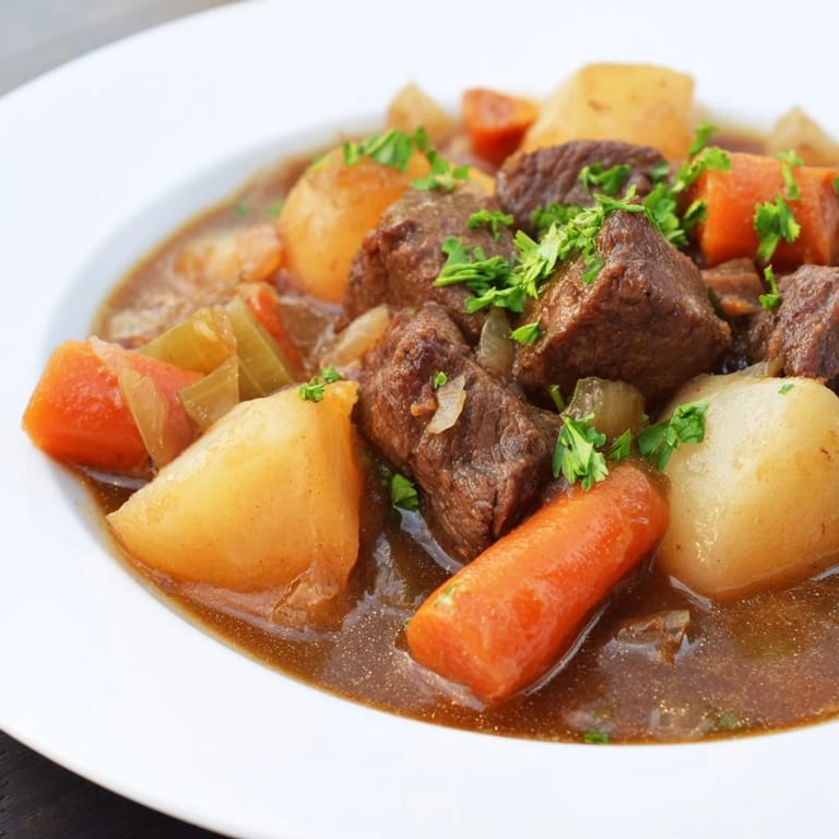 Rich and flavorful Irish beef stew, garnished with fresh parsley, ready to enjoy this classic dish.