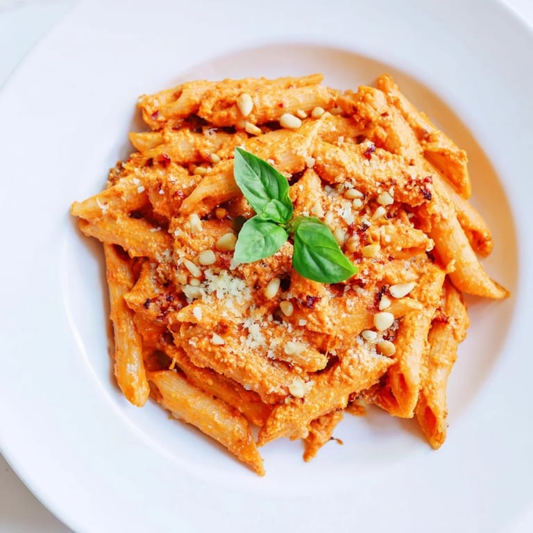 Savory sun-dried tomato pesto pasta, coated perfectly, ready to be enjoyed with family.