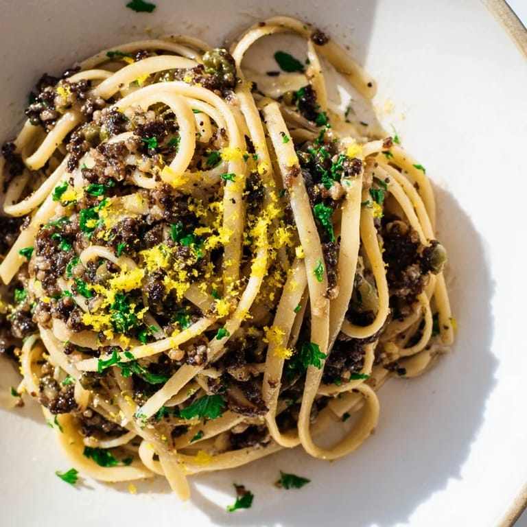 Plate of Olive Tapenade Pasta, served and ready to enjoy, with bright lemon zest and parsley garnish.