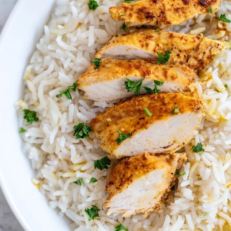 Comforting bowl of garlic butter rice and grilled chicken, perfect for a quick and flavorful weeknight dinner, garnished with fresh parsley.