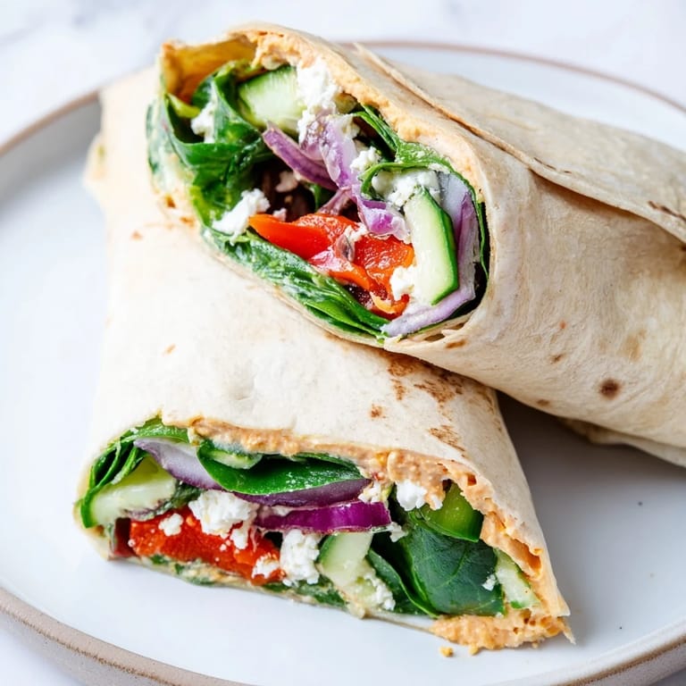 Hand-held Mediterranean Veggie Wrap with hummus and feta on a wooden cutting board, perfect for a quick and healthy vegetarian lunch.