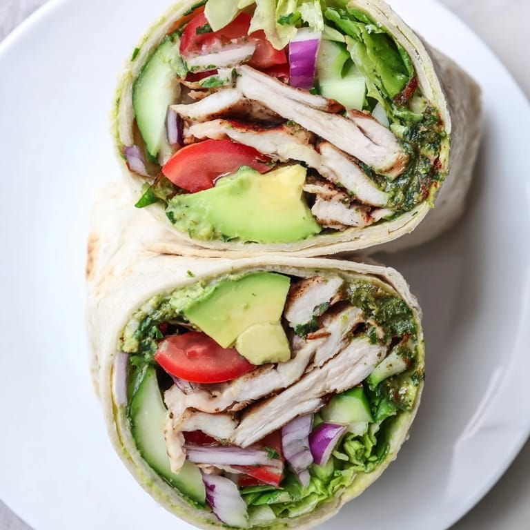 A vibrant chimichurri chicken salad wrap with crisp greens and juicy tomato slices.  