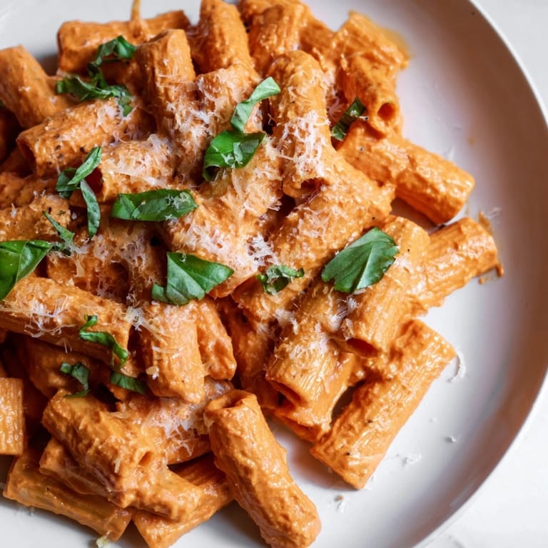 Serve Creamy Roasted Red Pepper Pasta in a rustic bowl, garnished with fresh herbs for a colorful, weeknight-friendly main dish.