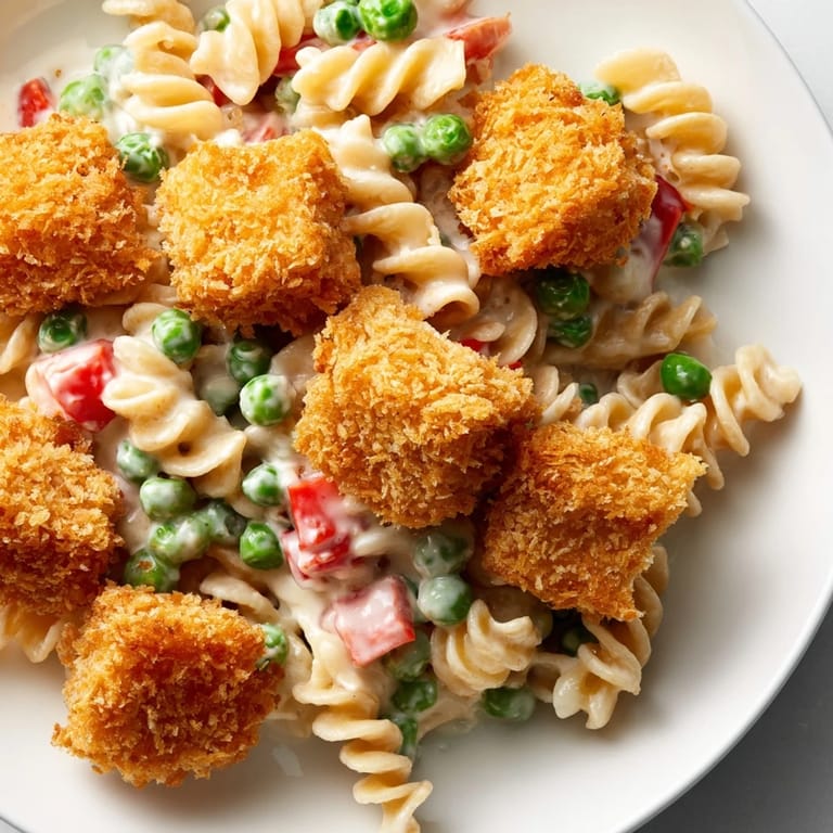 A hearty bowl of Crispy Chicken Ranch Pasta Salad showcases crunchy panko-coated chicken, green peas, and fresh green onions on a rustic kitchen table.