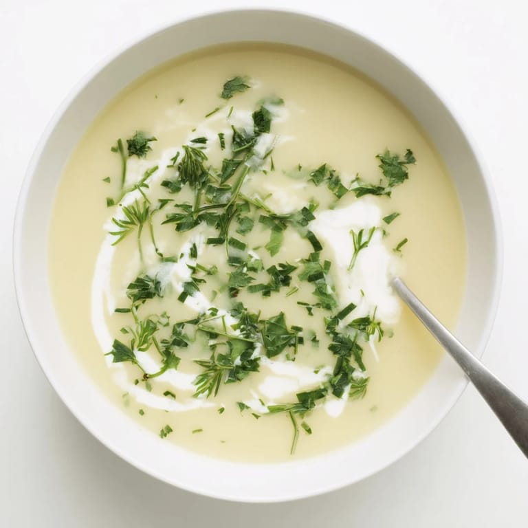 Golden roasted parsnips blended into a velvety Parsnip and Herb Soup with a drizzle of cream.  
