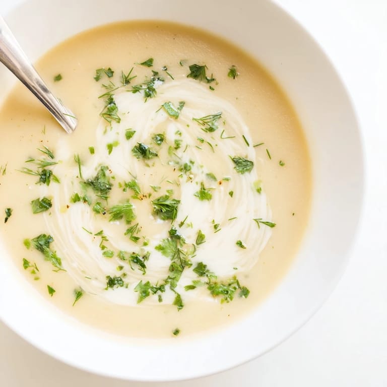 Rustic bowl of Parsnip and Herb Soup served beside crusty bread and fresh herb sprigs.