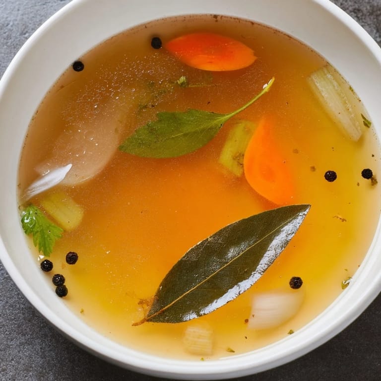 Homemade Vegetable Broth From Scraps poured into a ceramic bowl, garnished with parsley and cracked black pepper.