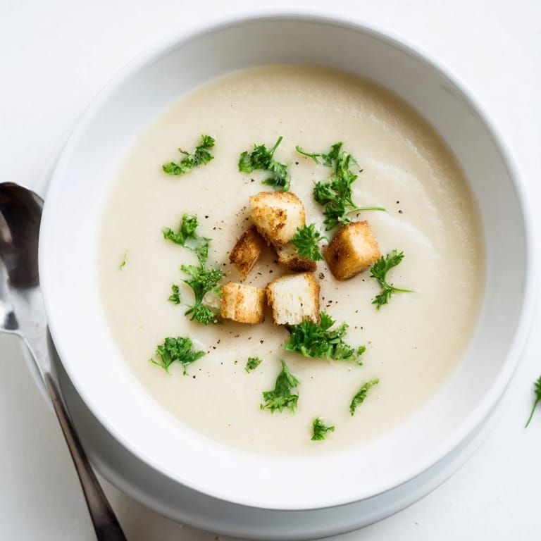 Steam rises from a bowl of velvety roasted garlic soup, garnished with parsley, showcasing its smooth texture and inviting golden hue.