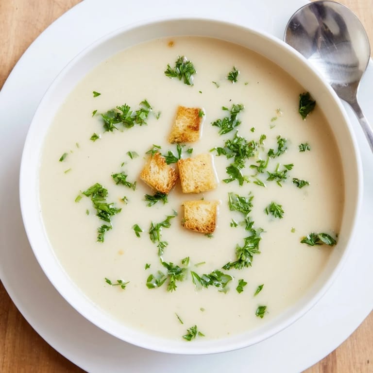 A ladle pours rich roasted garlic soup into a white bowl, highlighting the creamy consistency and fresh parsley garnish, ready to serve.