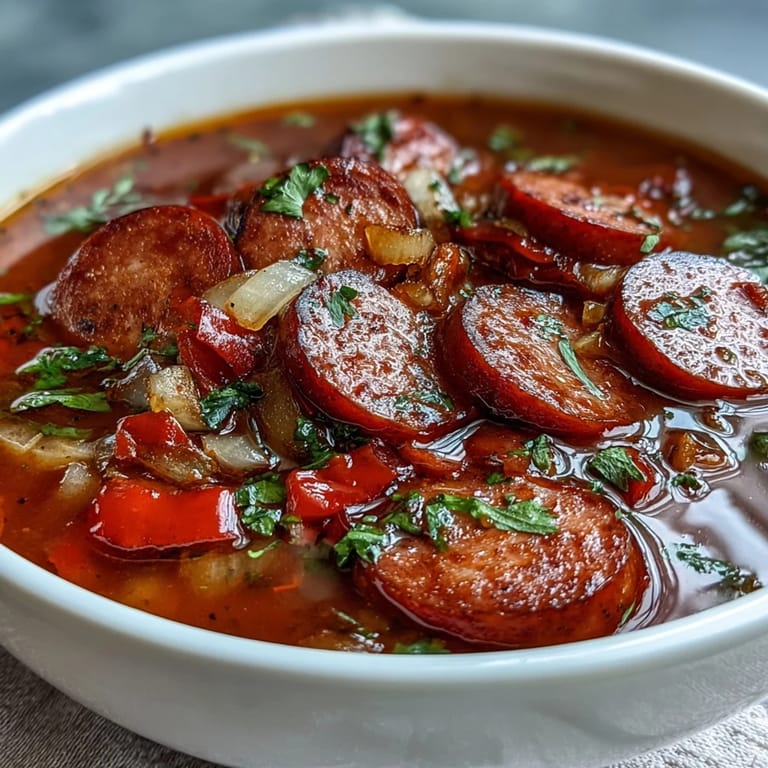 A warm bowl of Crock Pot BBQ Cocktail Sausage Soup garnished with parsley and served with crusty bread.
