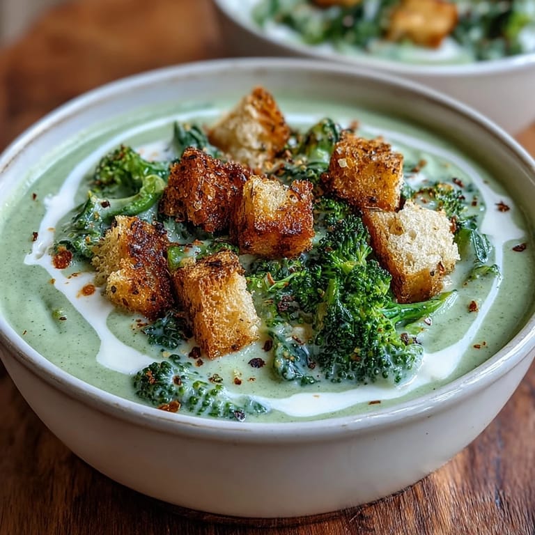 Homemade Cauliflower and Broccoli Soup blended velvety smooth and garnished with crisp garlic croutons for texture.