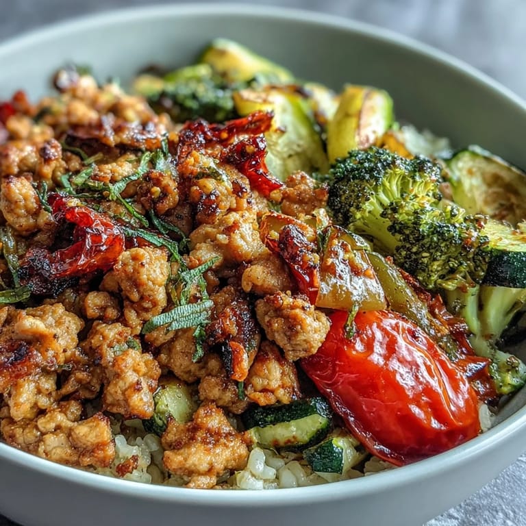 Ground Turkey Bowl with seasoned turkey, roasted broccoli, and bell peppers served over fluffy quinoa.