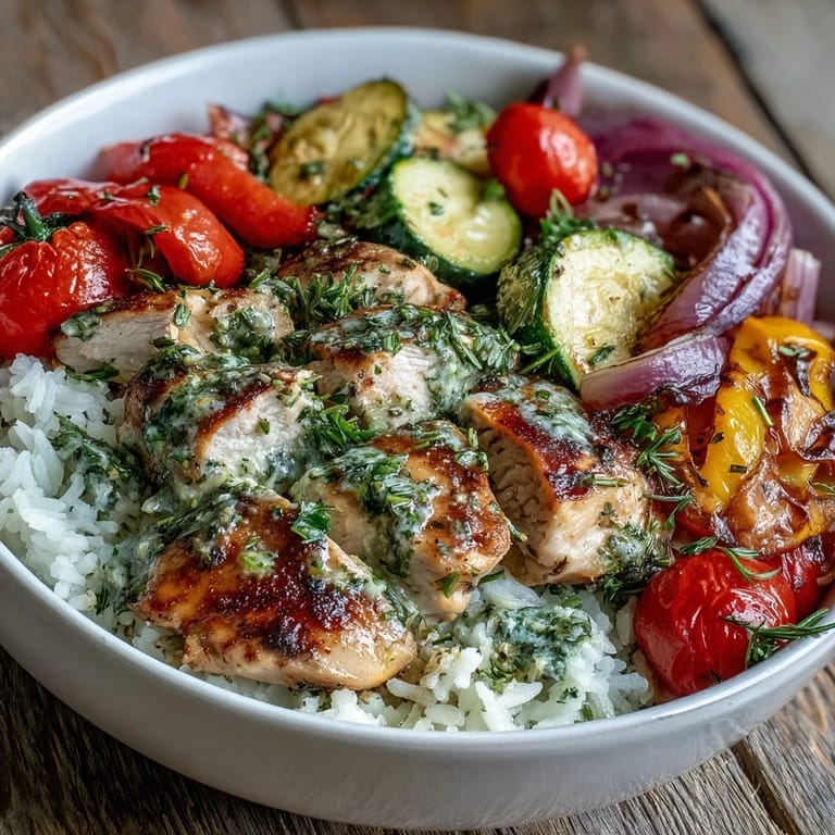 Herb-roasted chicken breast and caramelized veggies sit atop fluffy rice in this fresh, savory Lemon Herb Roasted Chicken Bowl.