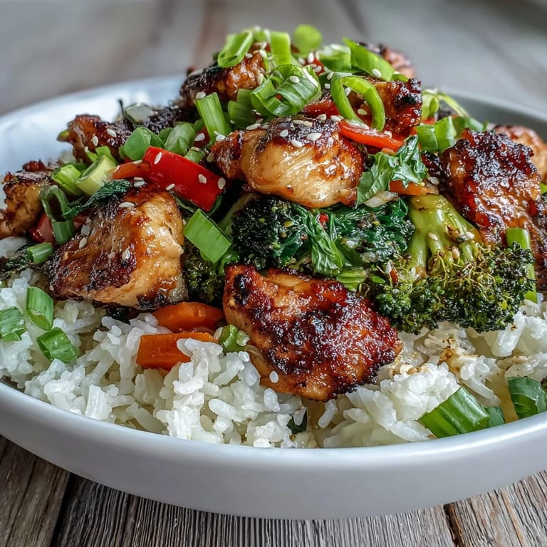 Golden marinated chicken and rice bowl topped with sesame seeds and fresh herbs