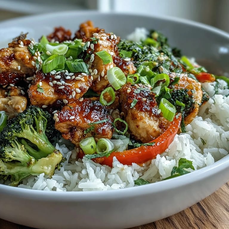 Steaming chicken and rice bowl filled with broccoli, peppers, and sliced green onions