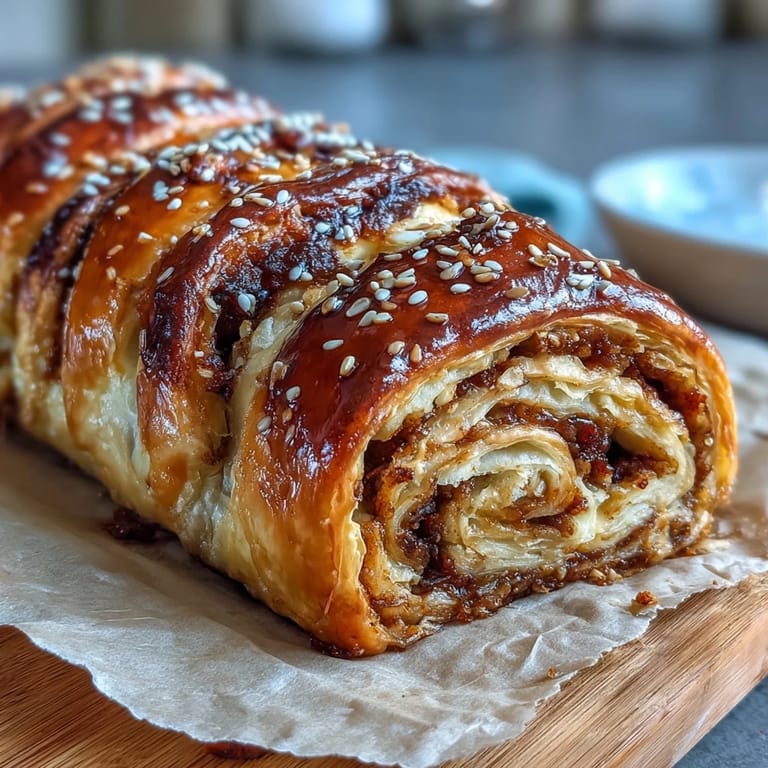 A close-up view of freshly baked pigs in a blanket arranged on a wooden platter.