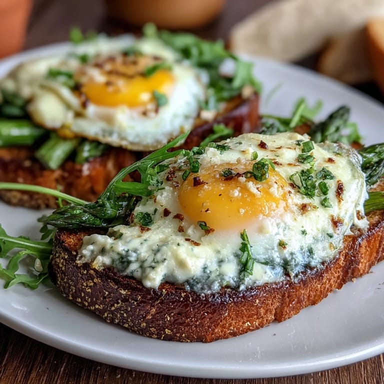 Creamy scrambled eggs with asparagus spears atop golden toasted bread, perfect for a spring brunch.  