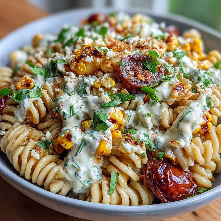 Zesty elote pasta salad with creamy dressing, smoky paprika, and fresh lime wedges, perfect as a vibrant vegetarian side dish.