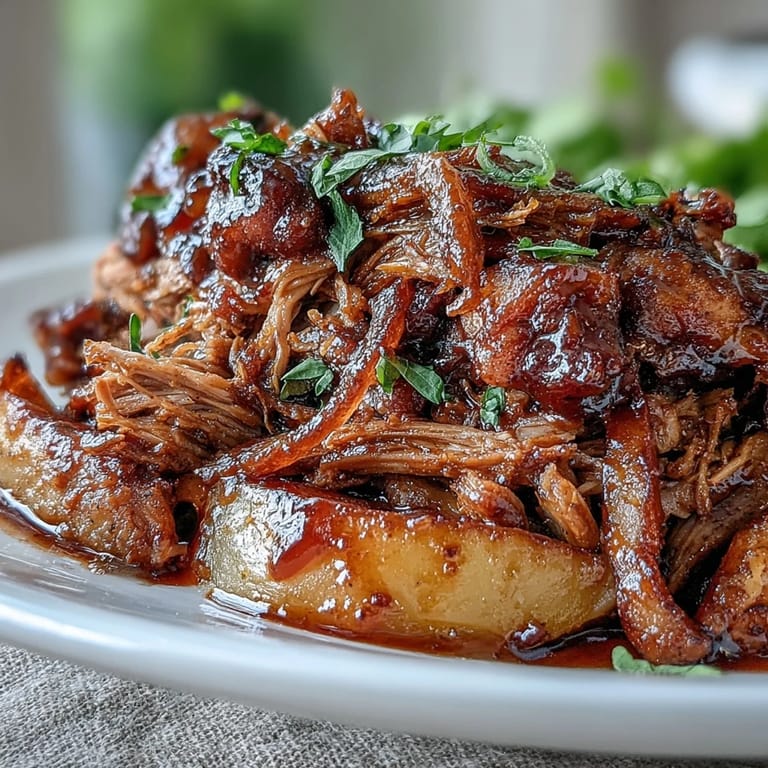 Honey peach BBQ pulled pork with sweet fruit, smoky spices, and rich sauce, perfect for gatherings.
