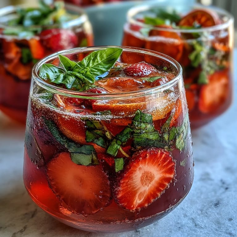 Chilled sangria mocktail featuring juicy strawberries, citrus, and aromatic basil leaves, served over ice for a refreshing treat.
