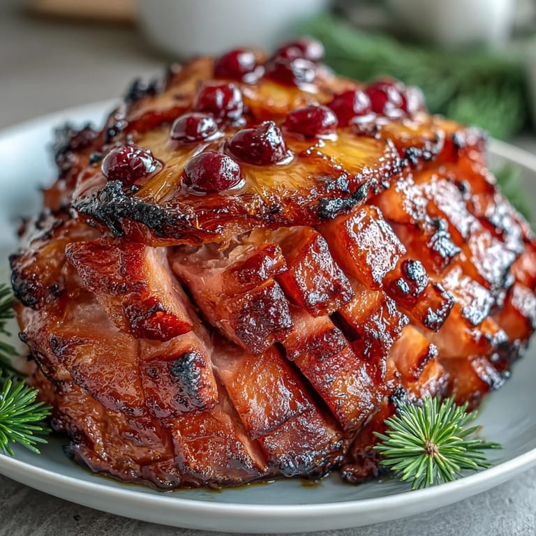 Baked honey glazed ham with caramelized pineapple slices, creating a stunning and flavorful centerpiece for any special occasion.