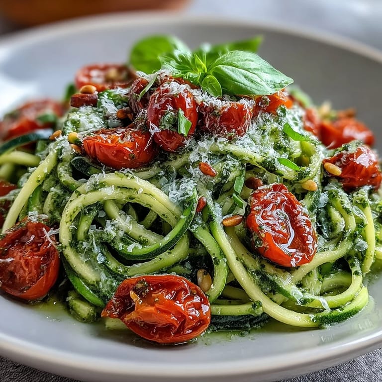 Colorful zucchini noodles coated in rich pesto, topped with cherry tomatoes and fresh basil for a bright, flavorful summer dinner.