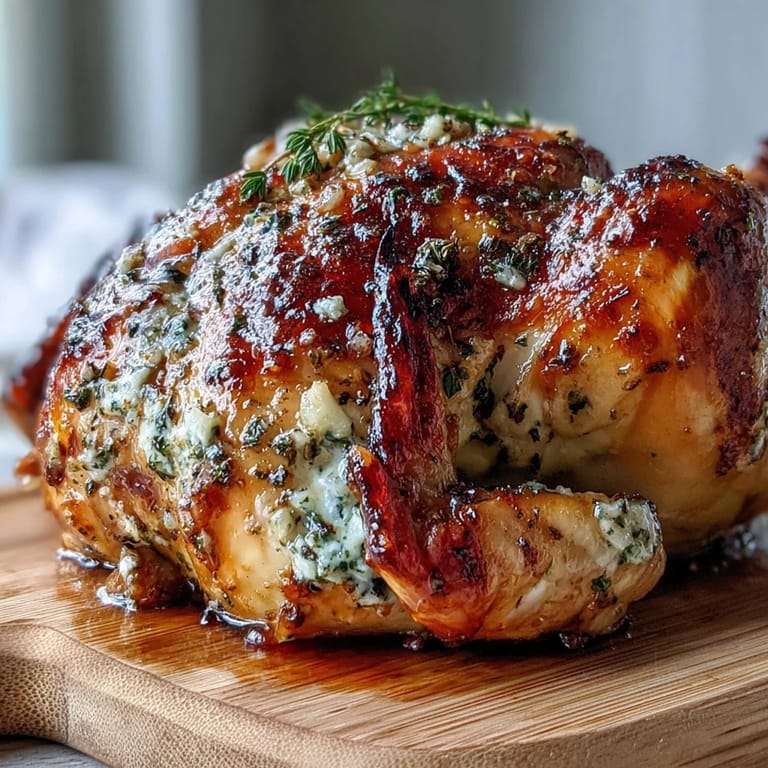 Juicy whole chicken roasted with herb butter and preserved lemon, featuring golden skin and aromatic stuffing.