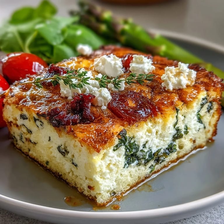 Colorful vegetable frittata baked in a sheet pan, featuring asparagus, cherry tomatoes, and bell peppers for Easter brunch.