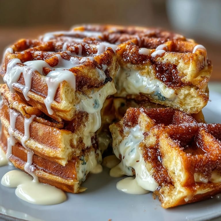 Cinnamon roll waffles feature a golden, crispy exterior with a cinnamon-sugar swirl, drizzled in rich cream cheese icing.