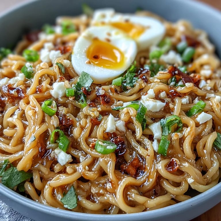 Creamy garlic butter ramen noodles coated in a savory soy-brown sugar glaze, garnished with sesame seeds and sliced scallions.