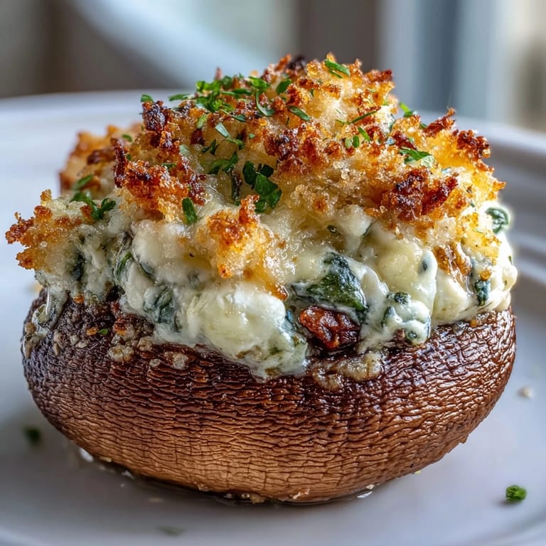 Vegetarian stuffed mushrooms bursting with spinach, ricotta, herbs, and a crunchy breadcrumb finish.  