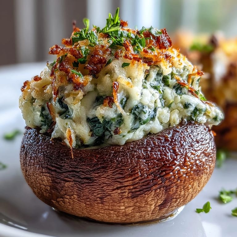 Elegant baked mushrooms filled with spinach ricotta blend, seasoned with garlic and fresh basil.
