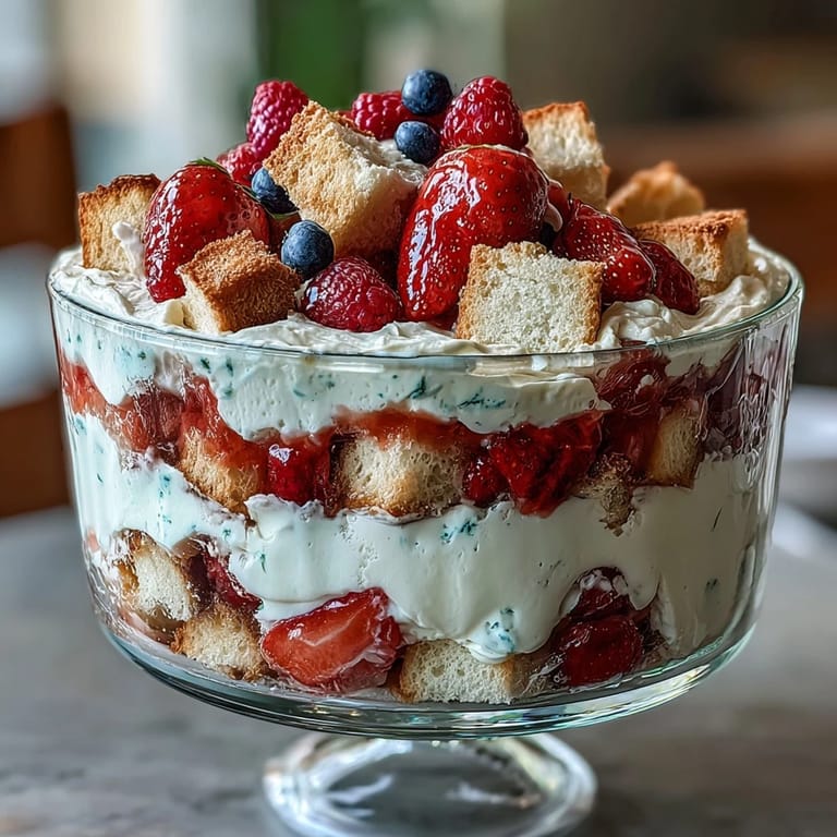 Red White Blue Berry Trifle: vibrant layers of cake and fresh berries.