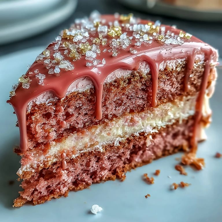 Decadent Bridal Shower Rosé Velvet Cake with a glossy, artistic gold drip finish.