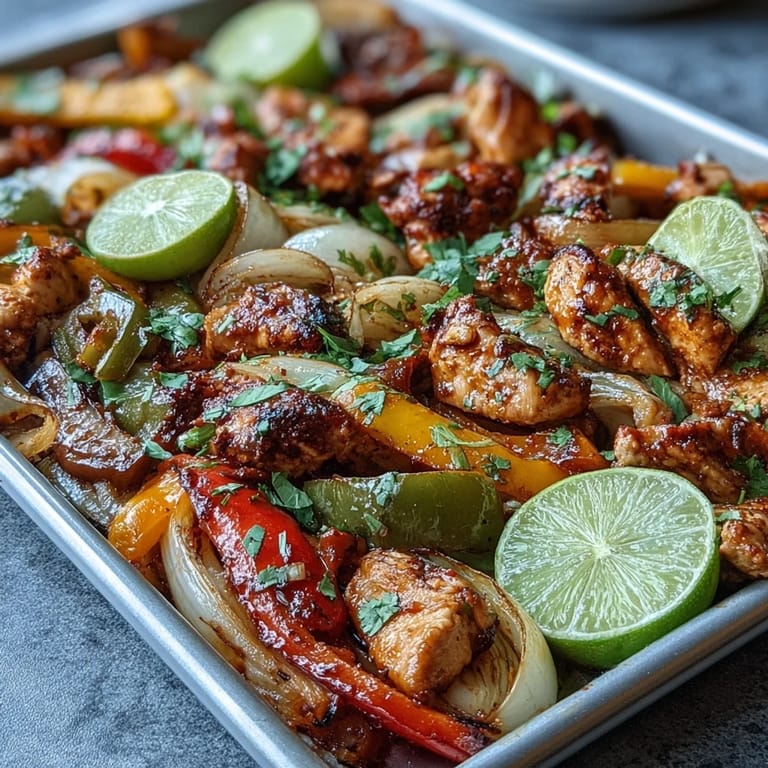 Roasted sheet pan chicken fajitas featuring juicy chicken and tender bell peppers.