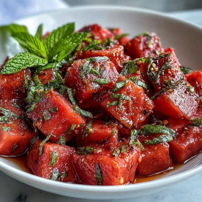 Juicy watermelon salad with mint and chili lime dressing, perfectly chilled.