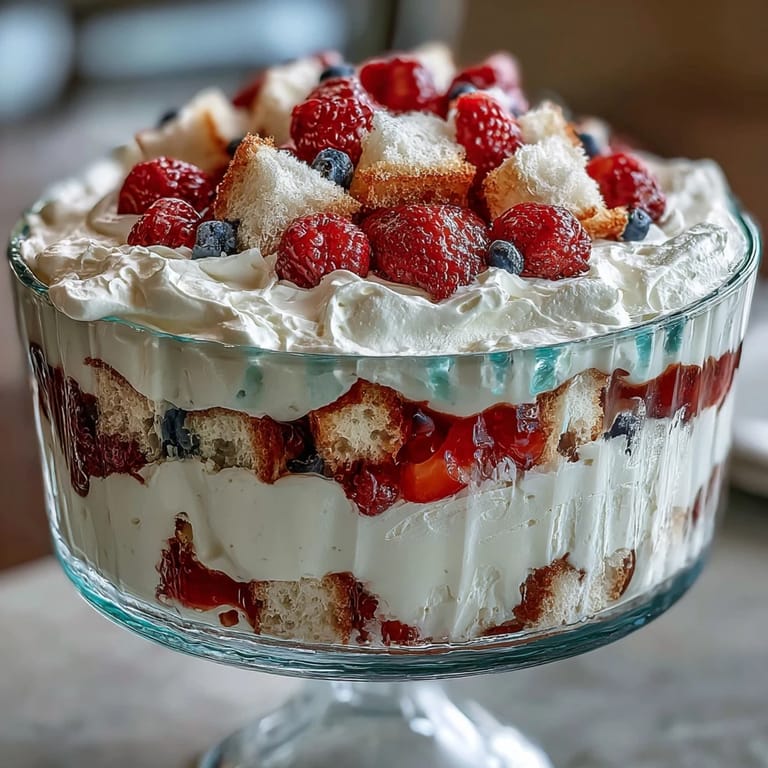 Festive Red White Blue Berry Trifle with fluffy cake, sweet berries, and cream.