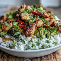 Tender chicken and rice bowl with fluffy grains and colorful sautéed vegetables