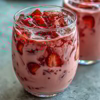 A vibrant pink drink with fresh strawberries and creamy coconut milk, perfect for a refreshing summer treat.