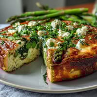 Vibrant spring frittata with asparagus, peas, and goat cheese, fresh from the oven and golden brown.  
