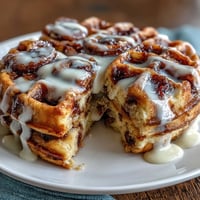 Warm, fluffy cinnamon roll waffles topped with a sweet vanilla cream cheese glaze for a decadent breakfast treat.