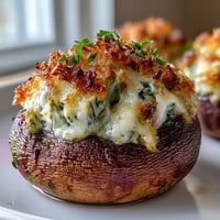 Spinach ricotta stuffed mushrooms with creamy filling and golden Parmesan topping, perfect for party appetizers.  